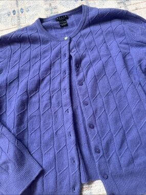 Grace Cashmere Sweater  Purple L Cable Knit Cardigan Soft Preppy Quiet Luxury